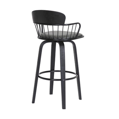 30" Gray And Black Faux Leather And Fabric And Wood Low Back Bar Height Swivel Bar Chair