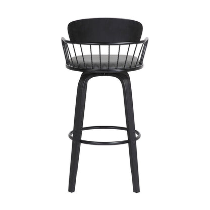 30" Gray And Black Faux Leather And Fabric And Wood Low Back Bar Height Swivel Bar Chair