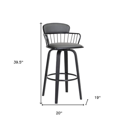 30" Gray And Black Faux Leather And Fabric And Wood Low Back Bar Height Swivel Bar Chair