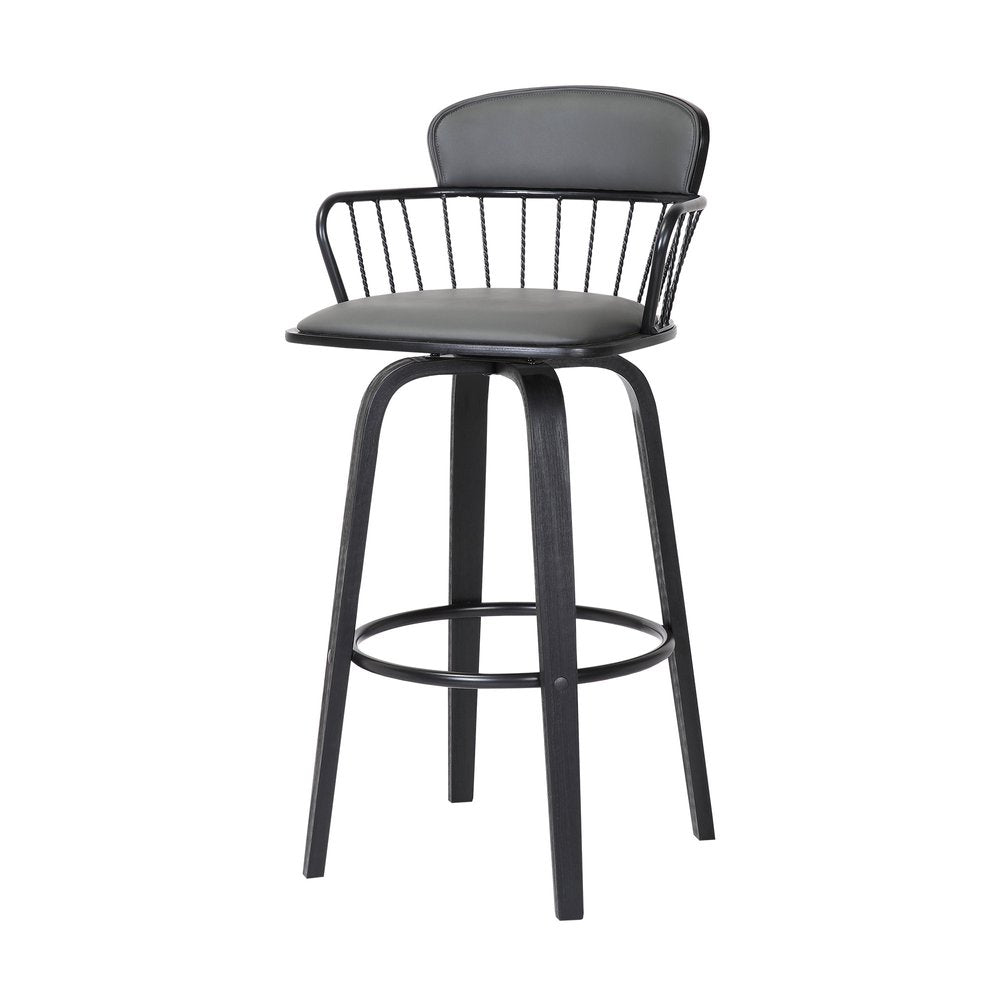 30" Gray And Black Faux Leather And Fabric And Wood Low Back Bar Height Swivel Bar Chair