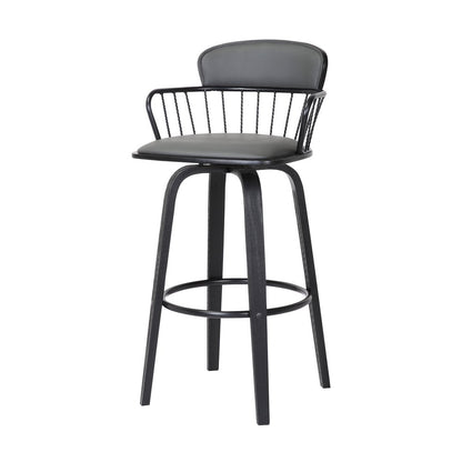 30" Gray And Black Faux Leather And Fabric And Wood Low Back Bar Height Swivel Bar Chair