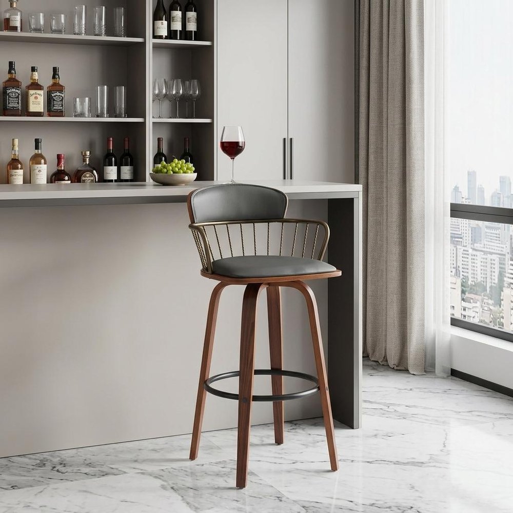 30" Gray And Wood Brown Faux Leather Swivel Low Back Bar Height Bar Chair