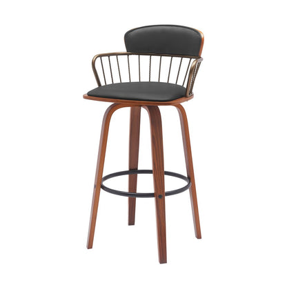 30" Black And Wood Brown Faux Leather Swivel Low Back Bar Height Bar Chair