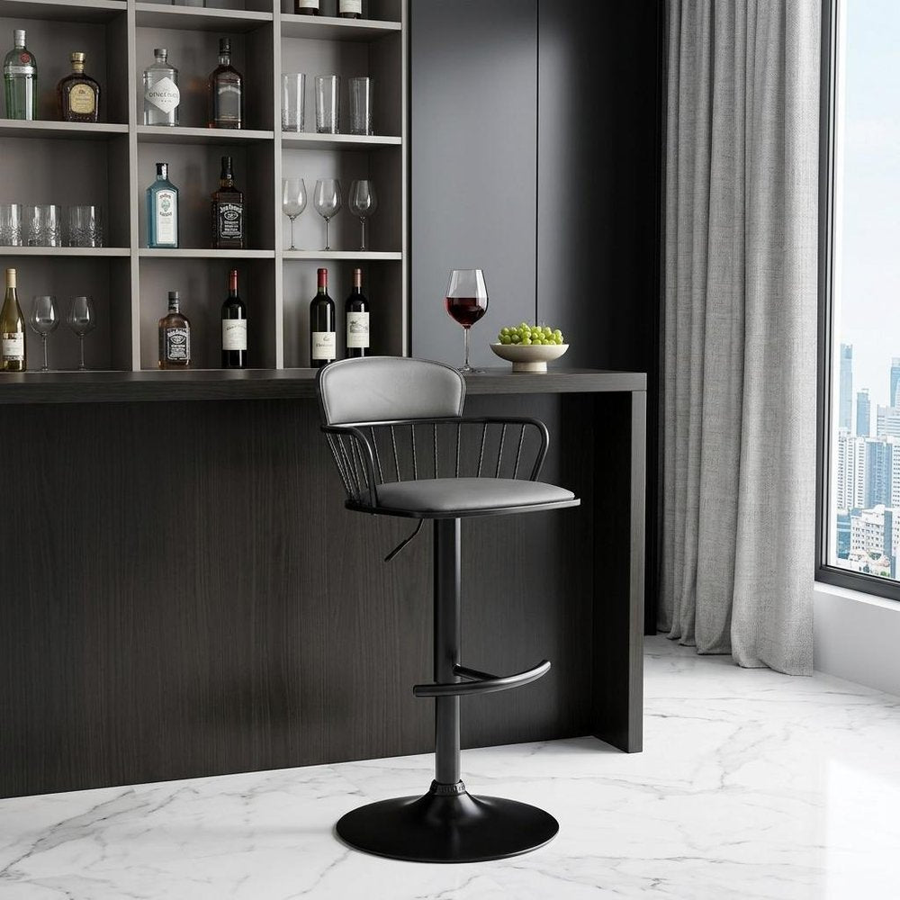 Gray and Black Faux Leather with Metal Swivel Low Back Adjustable Height Bar Chair