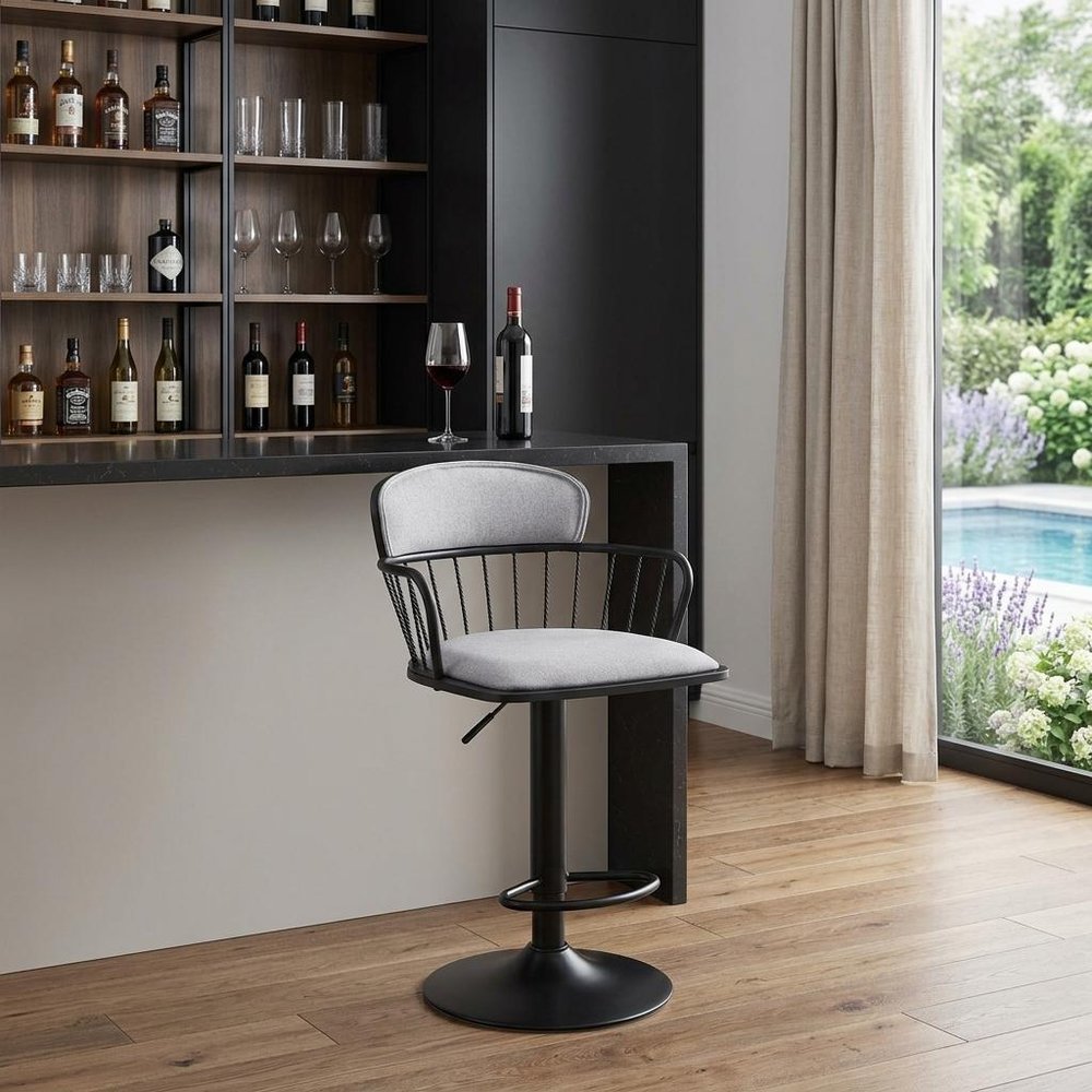 Light Gray and Black Fabric with Metal Swivel Low Back Adjustable Height Bar Chair