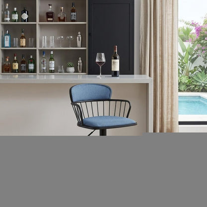 Blue and Black Fabric with Metal Swivel Low Back Adjustable Height Bar Chair