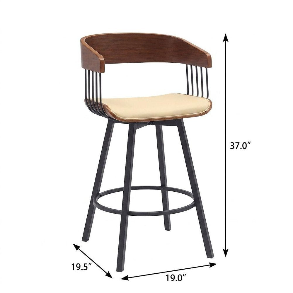 27" Cream and Black Faux Leather with Metal Swivel Counter Height Bar Chair