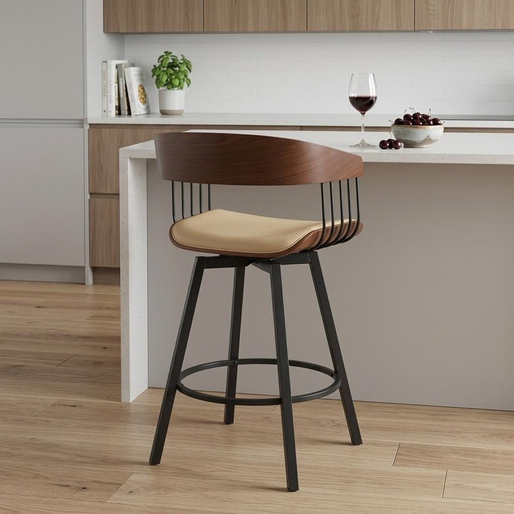 27" Cream and Black Faux Leather with Metal Swivel Counter Height Bar Chair