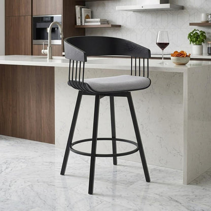 27" Light Gray and Black Fabric with Metal Swivel Counter Height Bar Chair