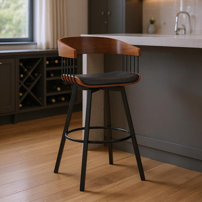 31" Black Faux Leather And Metal Swivel Bar Height Bar Chair