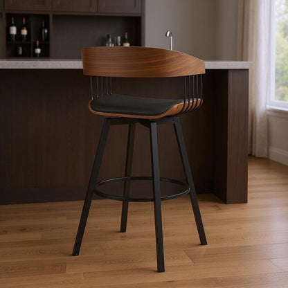 31" Black Faux Leather And Metal Swivel Bar Height Bar Chair