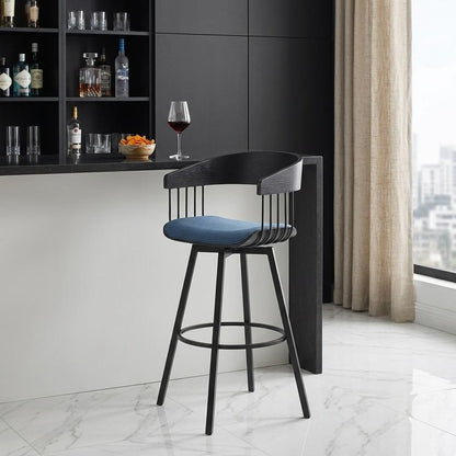 31" Blue and Black Fabric with Metal Swivel Bar Height Bar Chair