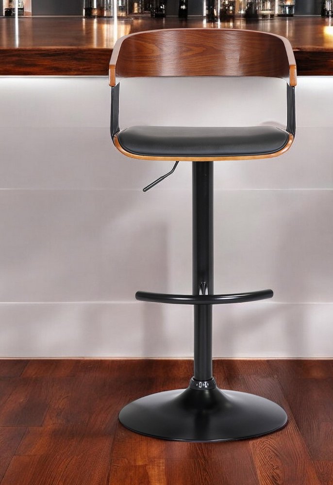 Black Faux Leather And Metal Swivel Adjustable Height Bar Chair