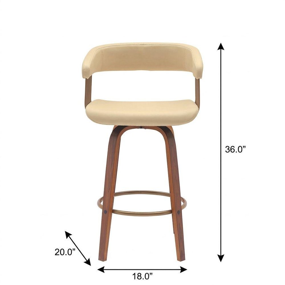 26" Cream And Wood Brown Faux Leather Swivel Counter Height Bar Chair