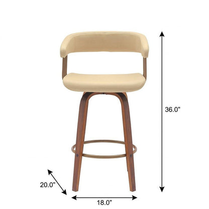 26" Cream And Wood Brown Faux Leather Swivel Counter Height Bar Chair