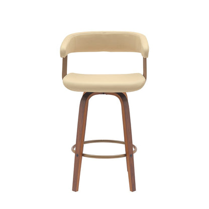 26" Cream And Wood Brown Faux Leather Swivel Counter Height Bar Chair