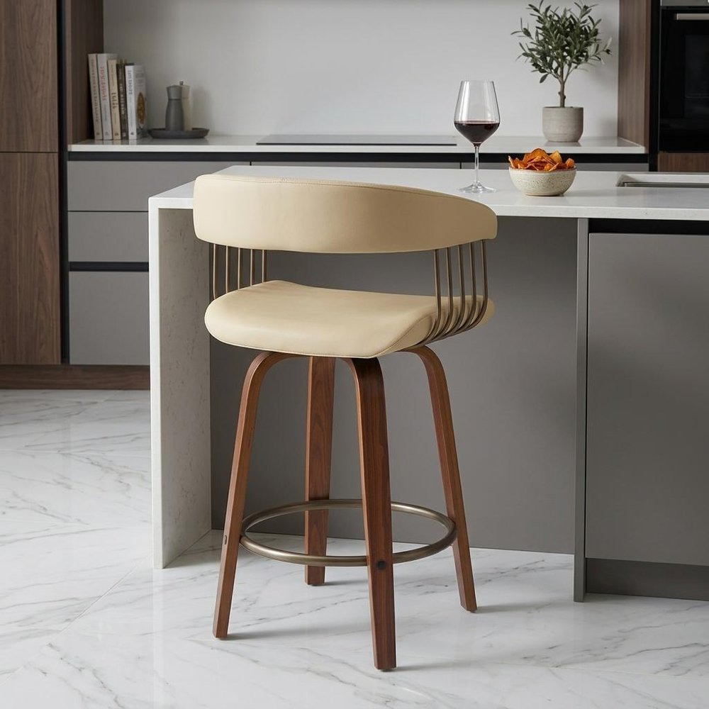 26" Cream And Wood Brown Faux Leather Swivel Counter Height Bar Chair