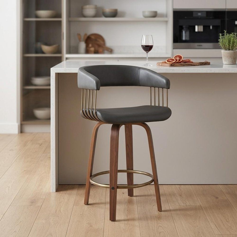 26" Gray And Wood Brown Faux Leather Swivel Counter Height Bar Chair