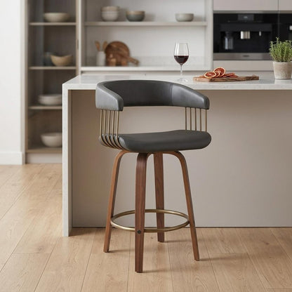 26" Gray And Wood Brown Faux Leather Swivel Counter Height Bar Chair