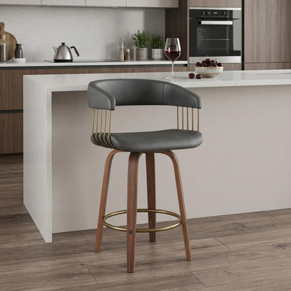 26" Gray And Wood Brown Faux Leather Swivel Counter Height Bar Chair