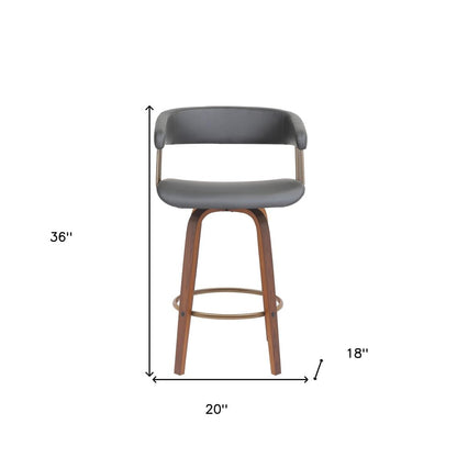 26" Gray And Wood Brown Faux Leather Swivel Counter Height Bar Chair