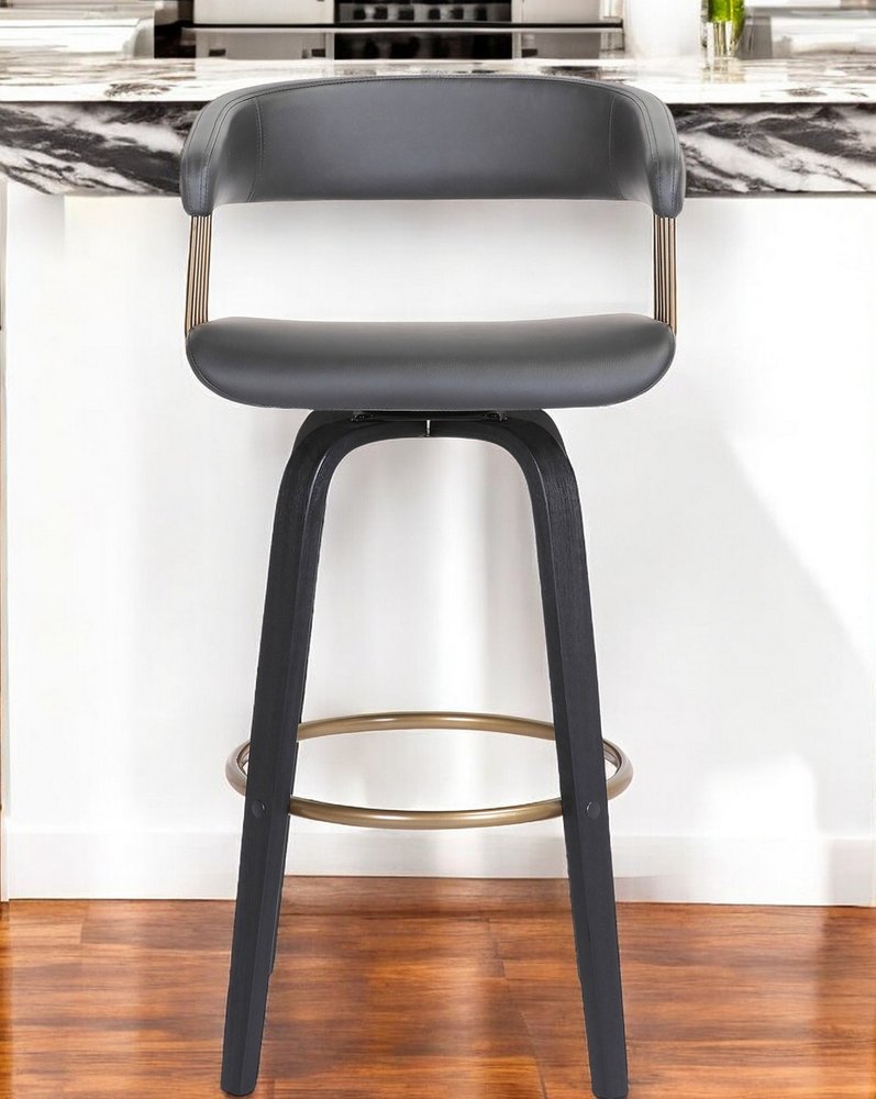 26" Gray And Black Faux Leather Swivel Counter Height Bar Chair