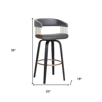 26" Gray And Black Faux Leather Swivel Counter Height Bar Chair