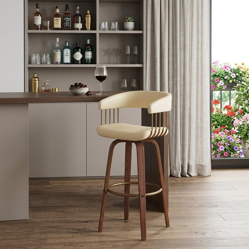 31" Cream And Wood Brown Faux Leather Swivel Bar Height Bar Chair