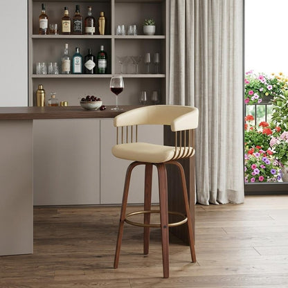 31" Cream And Wood Brown Faux Leather Swivel Bar Height Bar Chair