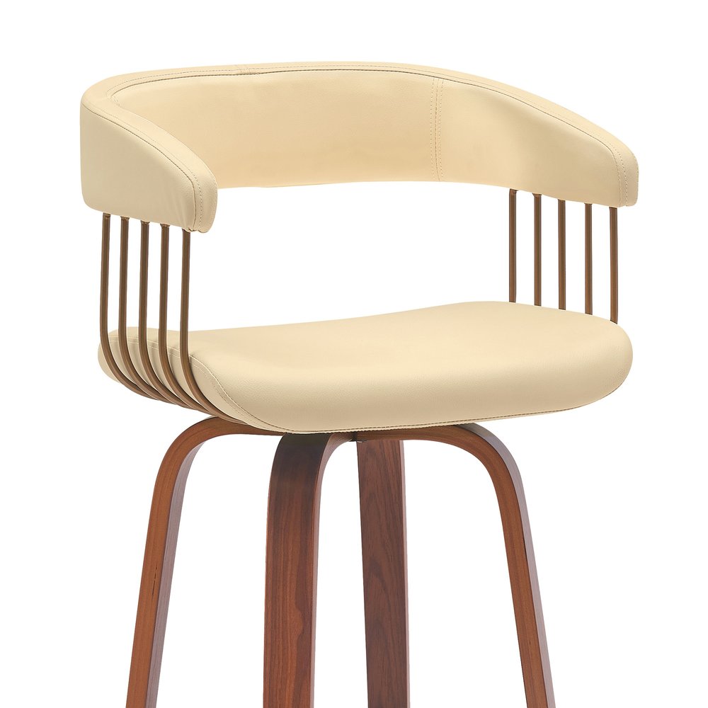31" Cream And Wood Brown Faux Leather Swivel Bar Height Bar Chair