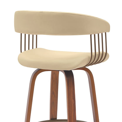 31" Cream And Wood Brown Faux Leather Swivel Bar Height Bar Chair