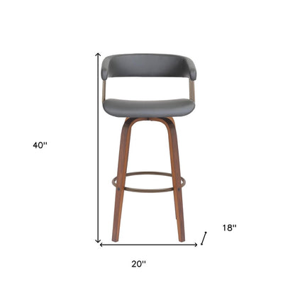 31" Gray And Wood Brown Faux Leather Swivel Bar Height Bar Chair
