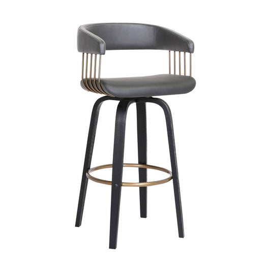 31" Gray And Black Faux Leather Swivel Bar Height Bar Chair