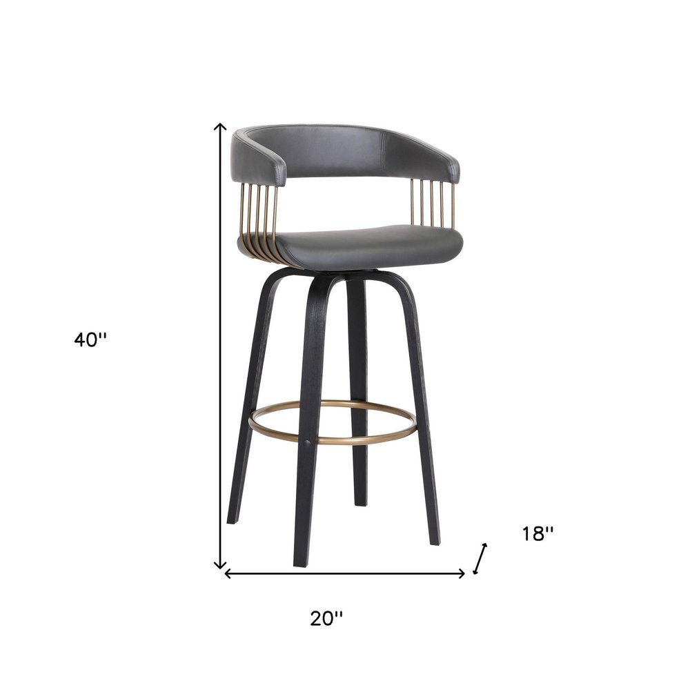 31" Gray And Black Faux Leather Swivel Bar Height Bar Chair