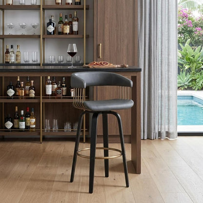 31" Gray And Black Faux Leather Swivel Bar Height Bar Chair