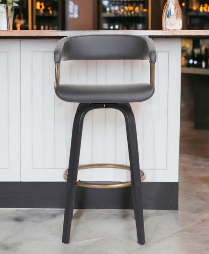 31" Gray And Black Faux Leather Swivel Bar Height Bar Chair