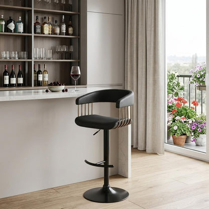 Black Faux Leather And Metal Swivel Adjustable Height Bar Chair