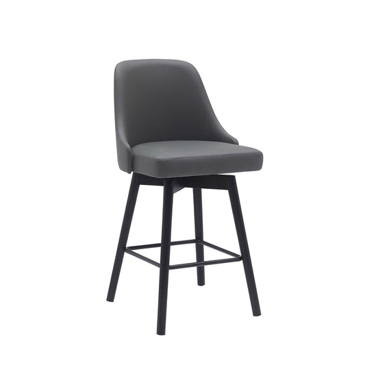 26" Gray and Black Faux Leather with Solid Wood Swivel Counter Height Bar Chair