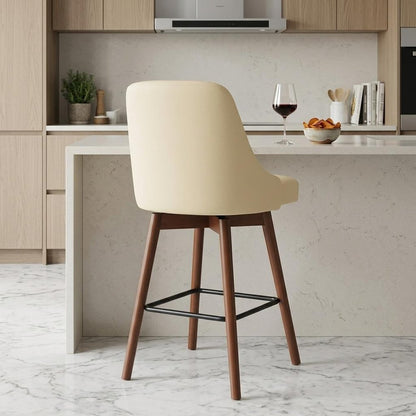 26" Cream and Wood Brown Faux Leather with Solid Wood Swivel Counter Height Bar Chair