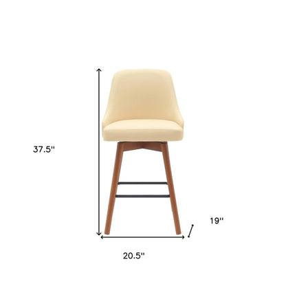 26" Cream and Wood Brown Faux Leather with Solid Wood Swivel Counter Height Bar Chair