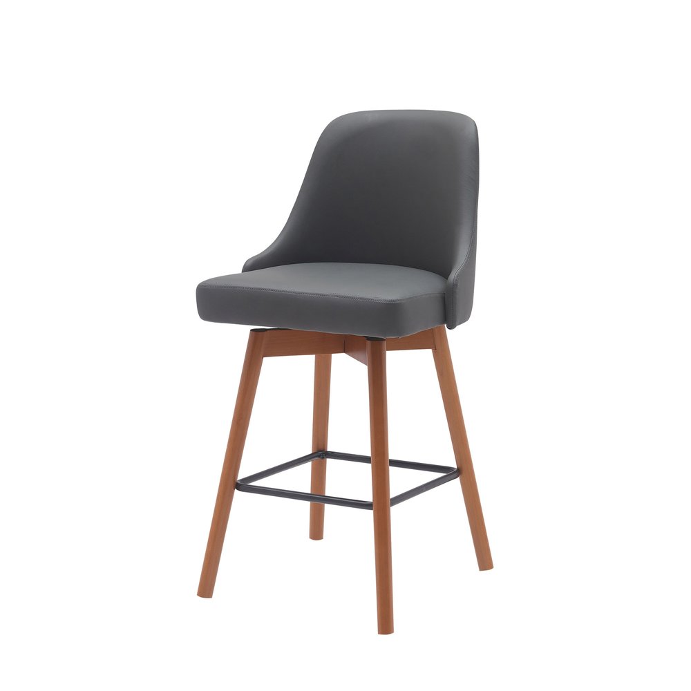 26" Gray and Wood Brown Faux Leather with Solid Wood Swivel Counter Height Bar Chair