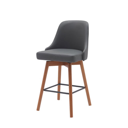 26" Gray and Wood Brown Faux Leather with Solid Wood Swivel Counter Height Bar Chair