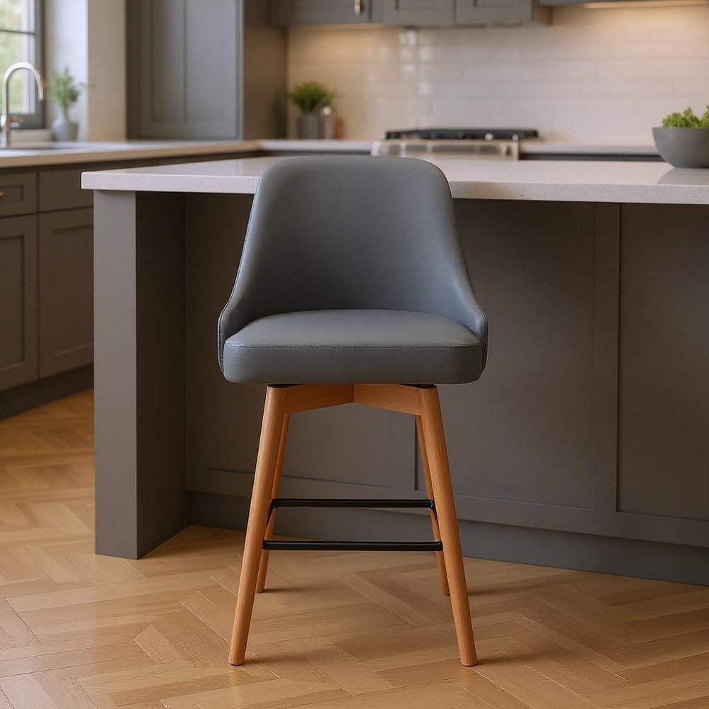 26" Gray and Wood Brown Faux Leather with Solid Wood Swivel Counter Height Bar Chair