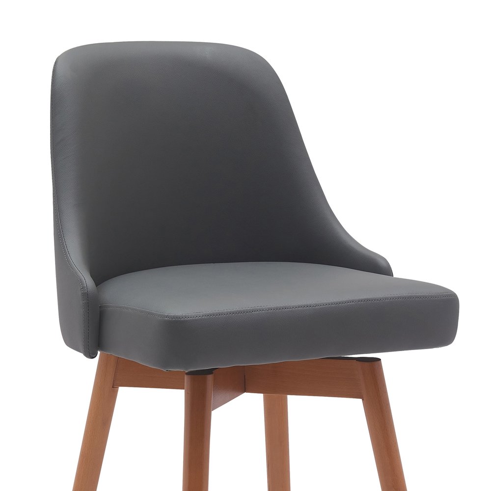 26" Gray and Wood Brown Faux Leather with Solid Wood Swivel Counter Height Bar Chair