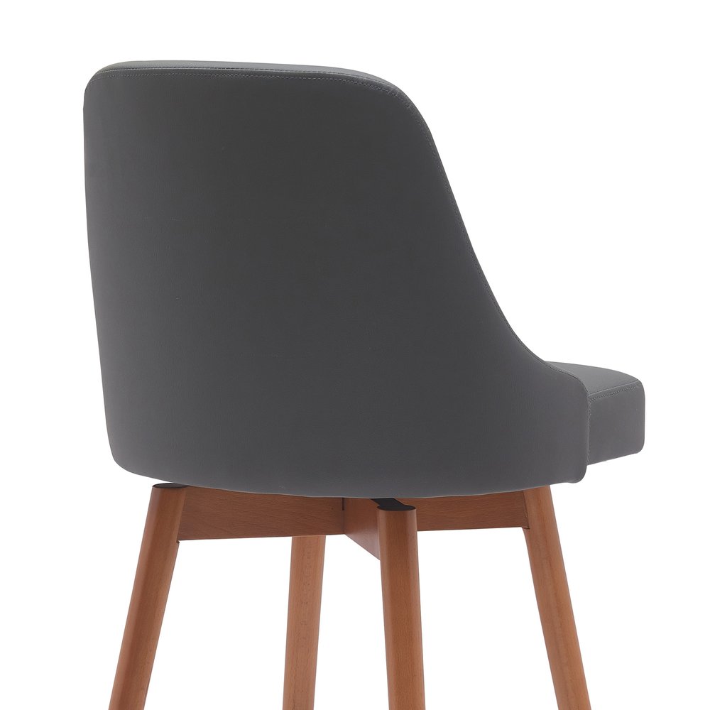 26" Gray and Wood Brown Faux Leather with Solid Wood Swivel Counter Height Bar Chair