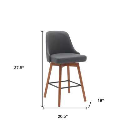 26" Gray and Wood Brown Faux Leather with Solid Wood Swivel Counter Height Bar Chair