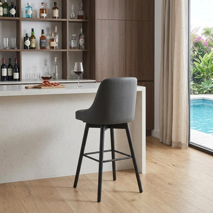 30" Gray and Black Faux Leather with Solid Wood Swivel Bar Height Bar Chair