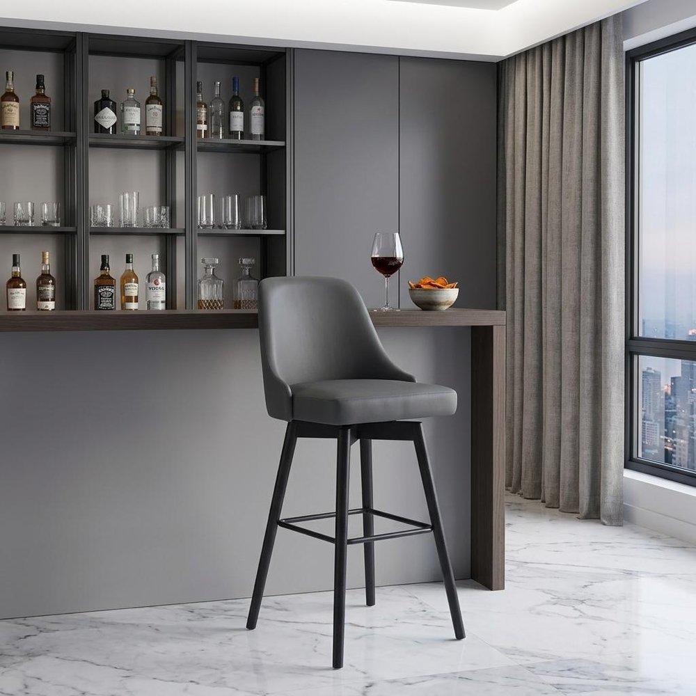 30" Gray and Black Faux Leather with Solid Wood Swivel Bar Height Bar Chair