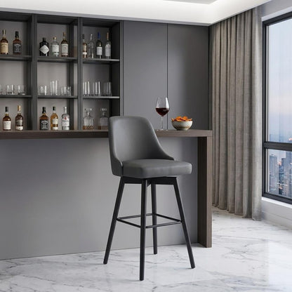 30" Gray and Black Faux Leather with Solid Wood Swivel Bar Height Bar Chair