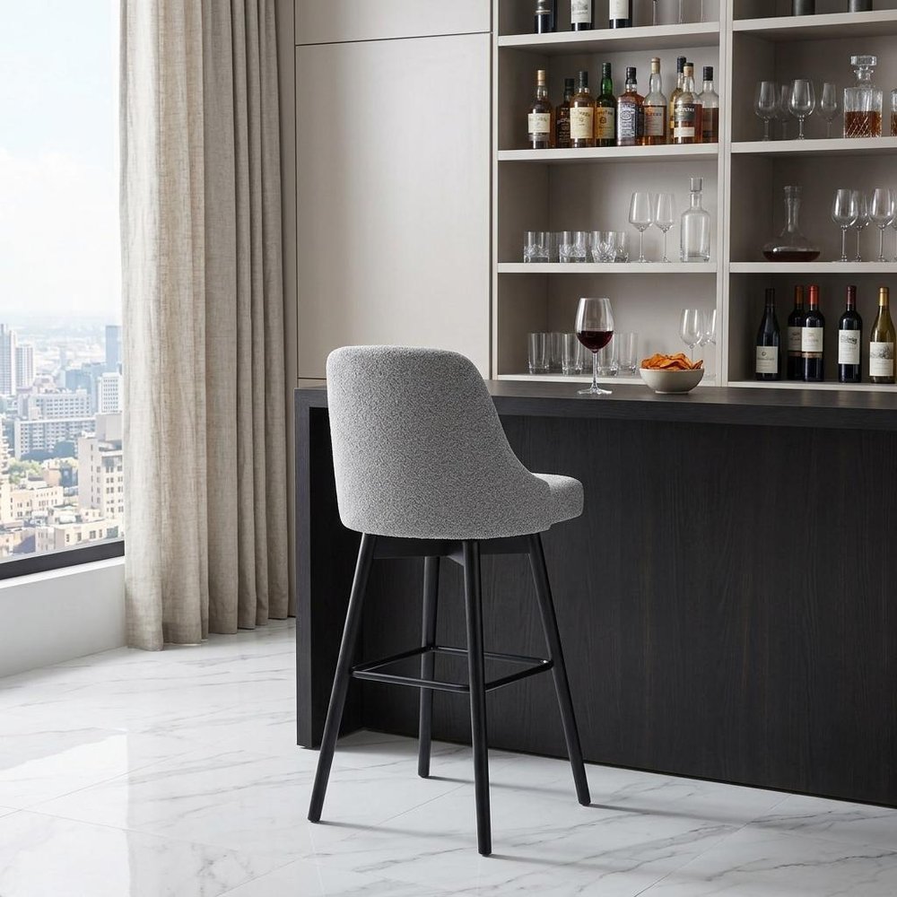 30" Light Gray and Black Fabric with Solid Wood Swivel Bar Height Bar Chair